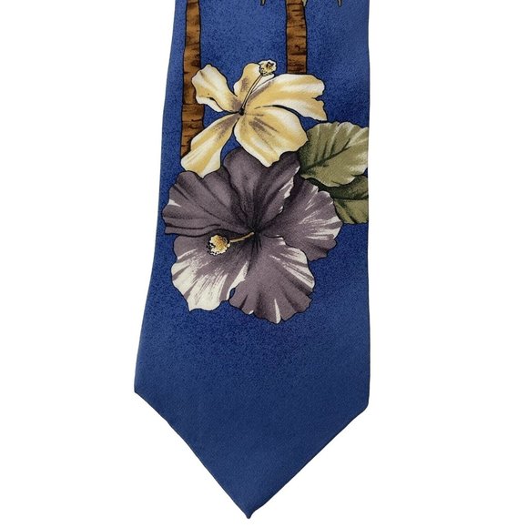 Duck Head Men's Silk Blue Tie With Palm Trees & Hibiscus Flowers Necktie - Picture 2 of 6